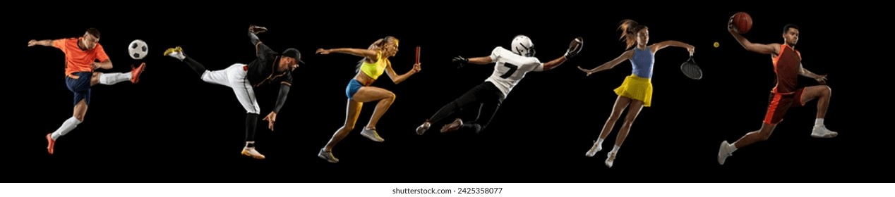 Collage made of various concentrated people, men and women, athletes of different sports in motion over black background. Concept of professional sport, competition, tournament, dynamics - Powered by Shutterstock