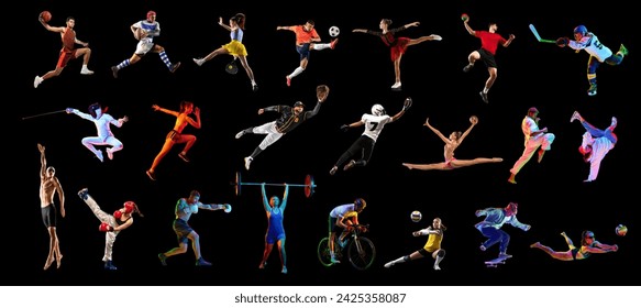 Collage made of various people, men and women, athletes of different sports in motion, training over black background in neon light. Concept of professional sport, competition, tournament, dynamics - Powered by Shutterstock