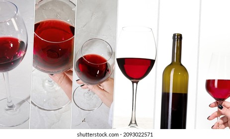 Collage Made Of Young Woman Holding Glass Of Red Wine. Hand With Black Polish.
