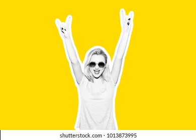 Collage In Magazine Style With Colorful Emotional Fashion Short Hair Blonde. Crazy Girl In T-shirt And Rock Sunglasses Scream Holding Her Head. Rocky Woman White Toned Yellow Background