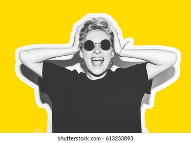 Collage in magazine style with colorful emotional fashion short hair blonde. Crazy girl in black t-shirt and rock sunglasses scream holding her head. Rocky woman white toned yellow background