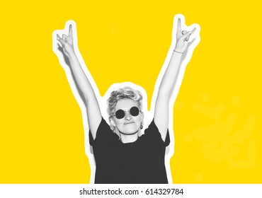 Collage in magazine style with colorful emotional fashion short hair blonde. Crazy girl in black t-shirt and rock sunglasses scream holding her head. Rocky woman white toned yellow background