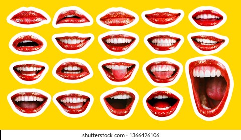 Collage in magazine style with emotional woman's lip gestures set. Girl mouth close up with lipstick makeup expressing different emotions. Black and white toned sunny summer colorful yellow background