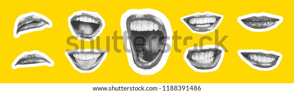 Collage in magazine style with emotional
woman's lip gestures set. Girl mouth close up with lipstick makeup
expressing different emotions. Black and white toned sunny summer
colorful yellow
background