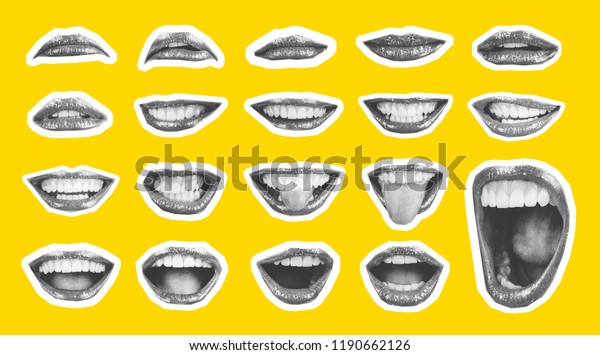 Collage in magazine style with emotional\
woman\'s lip gestures set. Girl mouth close up with lipstick makeup\
expressing different emotions. Black and white toned sunny summer\
colorful yellow\
background