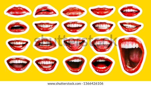 Collage in magazine style with emotional\
woman\'s lip gestures set. Girl mouth close up with lipstick makeup\
expressing different emotions. Black and white toned sunny summer\
colorful yellow\
background