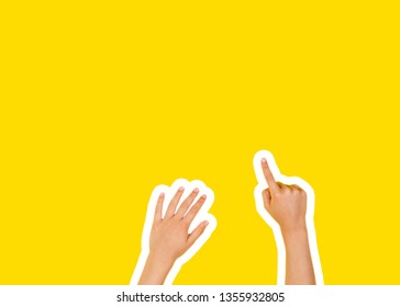 Collage In Magazine Style And Pop Art Style. Hands Pointing A Finger On Yellow Background