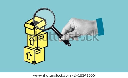Collage with magnifying glass above the boxes. Examination of goods for the presence of contraband, prohibited goods, defects. Quality control, authentication