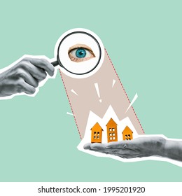 Collage with a magnifying glass and paper houses on hand. Real estate search concept.