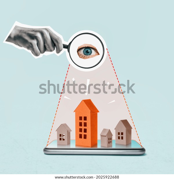 Collage with a magnifying glass and paper\
houses on smartphone. Real estate search\
concept.