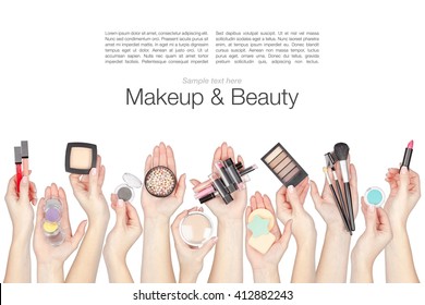 collage of makeup cosmetics and brushes in a hands isolated on white background