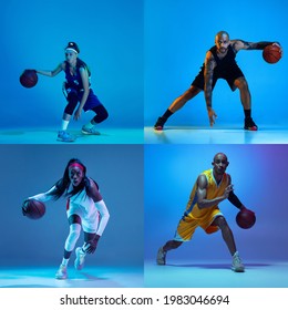 Collage Of Male And Female Basketball Players, Fit People In Action And Motion Isolated On Blue Background In Neon Light. Concept Of Sport, Achievements, Competition, Championship. Copyspace For Ad