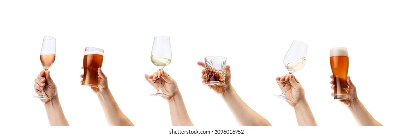 Collage of male hands holding different alcohol glasses isolated on white background. Wine, whiskey, rum, cognac degustation. Concept of alcohol, drink, party, degustation, holiday. Copy space for ad