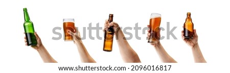 Collage of male hands holding different alcohol glasses and bottles isolated on white background. Wine, whiskey, rum, cognac degustation. Concept of alcohol, drink, party, degustation, holiday and ad