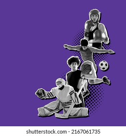 Collage with male soccer and basketball players, hockey and boxing isolated on purple background. Poster graphics. Concept of sport, action, art, creativity, magazine style and ad