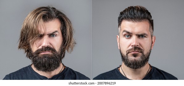 Collage man before and after visiting barbershop, different haircut, mustache, beard. Male beauty, comparison. Shaving, hairstyling. Beard, shave before, after. Long beard Hair style hair stylist - Shutterstock ID 2007896219