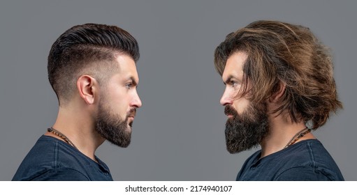 Collage man before and after visiting barbershop, different haircut, mustache, beard. Male beauty, comparison. Shaving, hairstyling. Beard, shave before, after. Long beard Hair style hair stylist. 