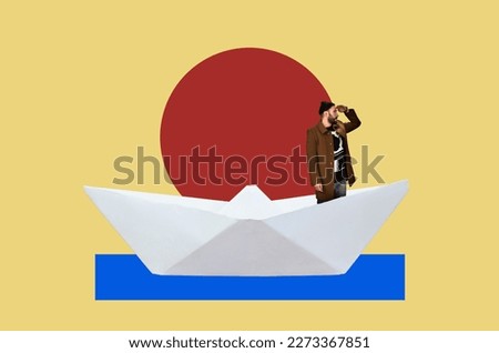 Collage with a man in brown coat and black hat standing in paper boat	