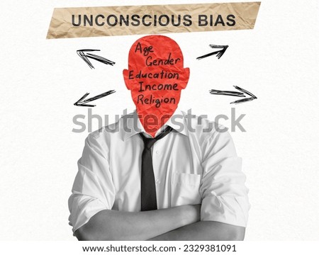 Collage with man with paper head and sign unconscious bias.