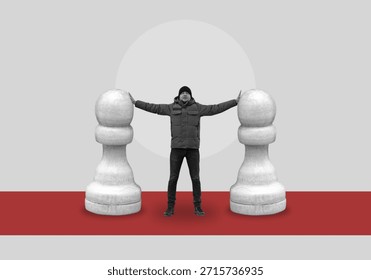  Collage with a man standing between two chess pawns