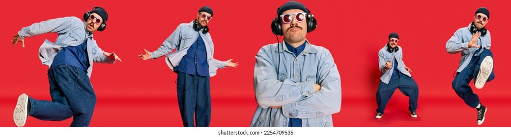 Collage. Man in stylish modern clothes, oversized jeans, shirt and hat posing, dancing, listening to music on red background. Concept of modern fashion, lifestyle, emotions, facial expression. Ad