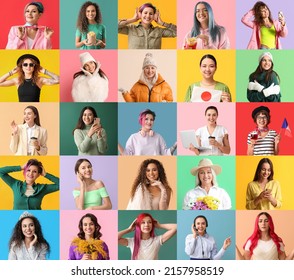 Collage with many beautiful women on colorful background - Shutterstock ID 2157958519