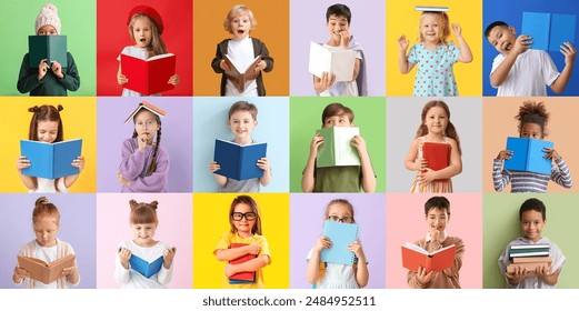 Collage of many children with books on color background - Powered by Shutterstock