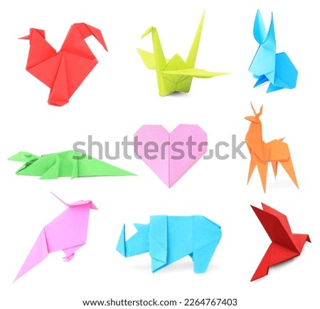 Collage with many different paper figures on white background. Origami art