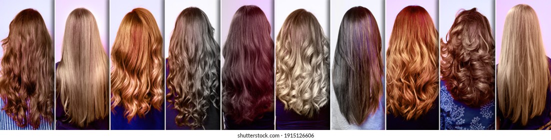 collage with many hairstyles of women with long curly and straight hair, styles with bright highlights