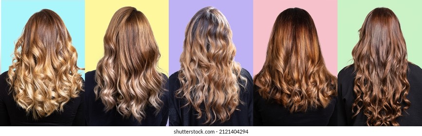 collage with many hairstyles of women with long curly and straight hair, styles with bright highlights and balayage hairstyle