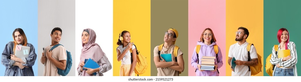 Collage with many happy students on colorful background - Shutterstock ID 2159521273