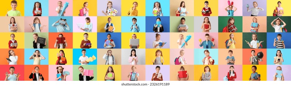 Collage with many little schoolchildren on color background