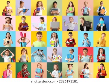 Collage with many little students on color background - Powered by Shutterstock