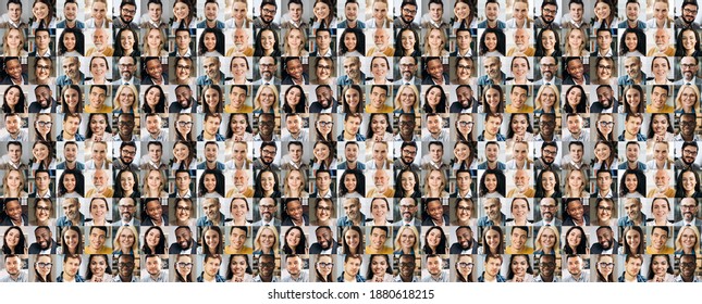 Collage of many multiracial business successful people of different age looking at camera. Business group of smiling successful faces on a screen of computer or laptop