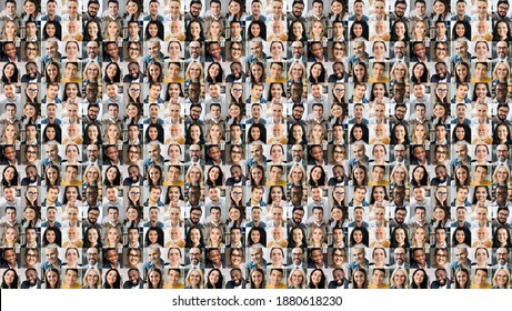 Collage Of Many Multiracial Business Successful People Of Different Age Looking At Camera. Business Group Of Smiling Successful Faces On A Screen Of Computer Or Laptop