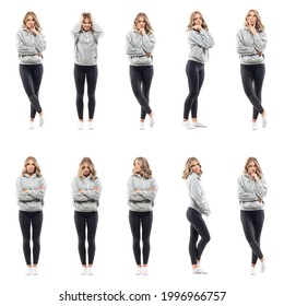 Collage of many negative moods and emotions of angry, sad or worried woman in hoodie and leggings. Full body people isolated on white background.