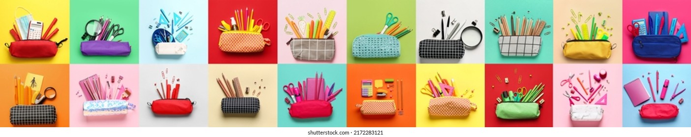 Collage with many pencil cases and stationery on colorful background - Shutterstock ID 2172283121