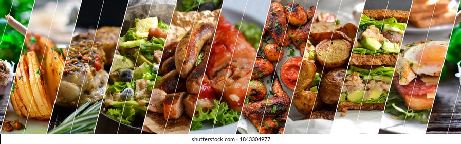Collage of many popular all over the world breakfasts, lunches and snacks. Collage of different assortment of food. - Shutterstock ID 1843304977