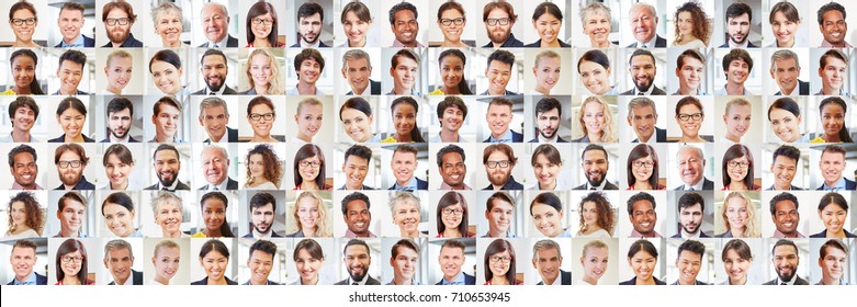 Collage Of Many Portraits Of Business People As International Team 