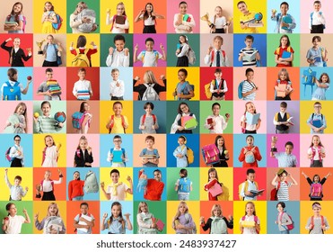 Collage of many schoolchildren on color background - Powered by Shutterstock