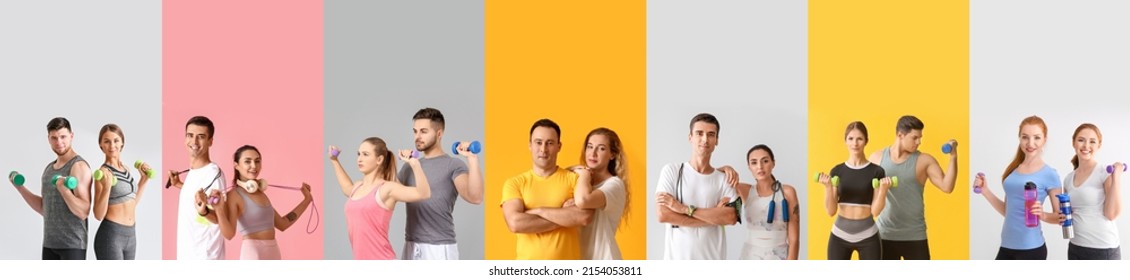 Collage with many sporty people on colorful background - Powered by Shutterstock