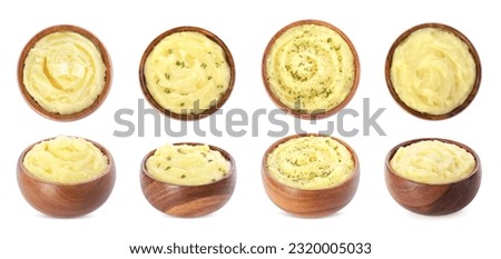Collage with mashed potato in bowls on white background, top and side views