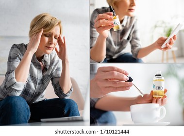 Collage Of Mature Woman With Migraine Holding Bottle While Using Smartphone And Adding Cbd Oil In Drink