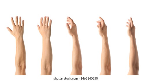 Collage of men showing hands on white background, closeup view 