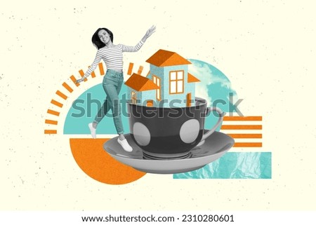 Collage metaphor of young funky owner customer new real estate promo residential complex inside cup coffee isolated on painting background