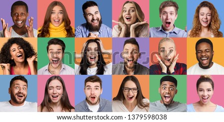 Collage of millennials emotional portraits. Young diverse people grimacing and gesturing at colorful backgrounds