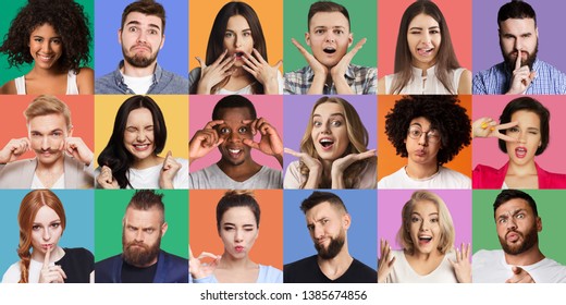 Collage of millennials portraits. Young diverse people grimacing and gesturing at colorful backgrounds. Bright emotions concept