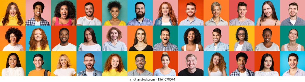Collage of mixed race happy people on bright backgrounds, panorama - Shutterstock ID 1564070074