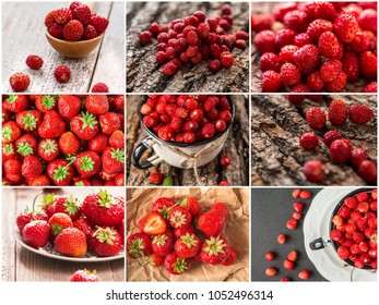 Collage of mixed red strawberry berries. Collection of strawberry berries.  Collage of fresh ripe food. Healthy eating background