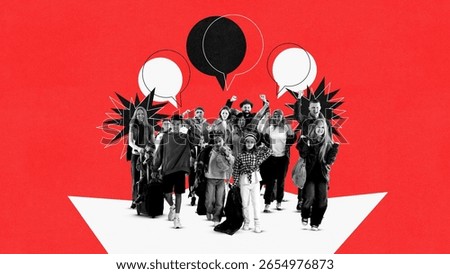 Collage of mixed-age protesting group with speech bubbles on red background. Concept of community activism, social justice, generational protest, civil resistance, freedom of voice.